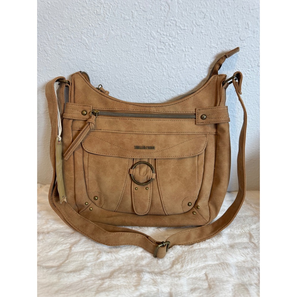 Wallflower Womens Faux Suede Crossbody Bag Camel Brown Boho Studded Handbag NEW